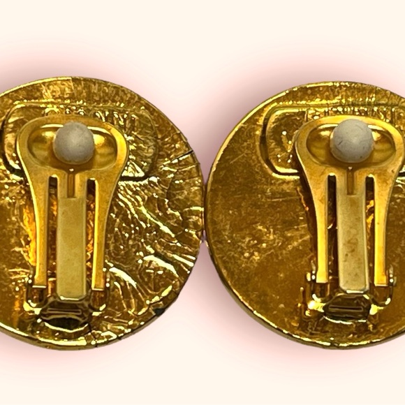 Gianni Versace Medusa Logo Vintage Clip On Earrings Black & Gold Tone - Picture 5 of 7